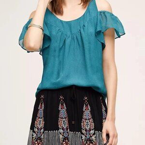 Anthropologie Maeve Tavin Cold Shoulder Top Blouse Ruffle Boho Teal Turquoise 16